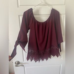 Burgundy top with tie sleeves